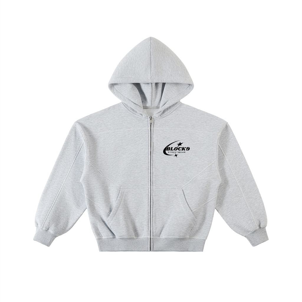 Contrast-Stitched Boxy Fleece Zip Hoodie
